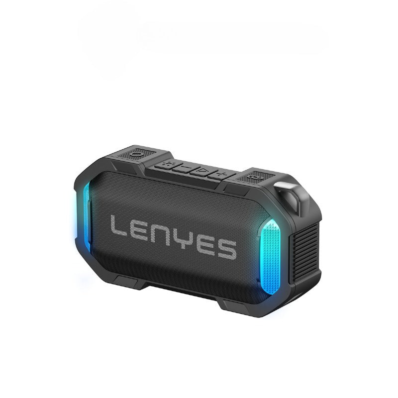 A rugged black portable Bluetooth speaker by LENYES with illuminated blue LED light strips on the sides and a textured front grille, shown on a plain white background.