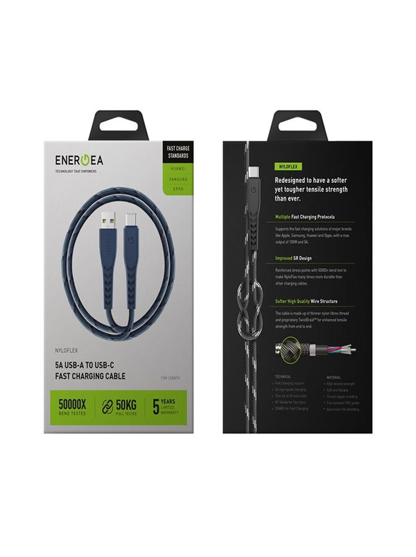 EOL ENERGEA NYLOFLEX USB2.0 USB-A TO USB-C 5A UNIVERSAL CABLE 1.5M