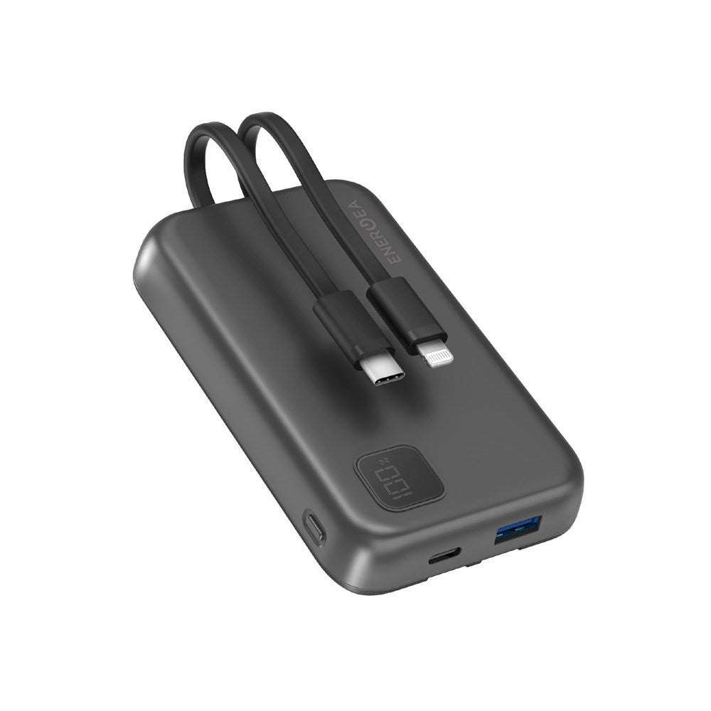 EOL ENERGEA INTEGRA DUO 10,000MAH POWERBANK WITH BUILT IN MFI CERTIFIED LIGHTNING & USB-C CABLE - GUNMETAL
