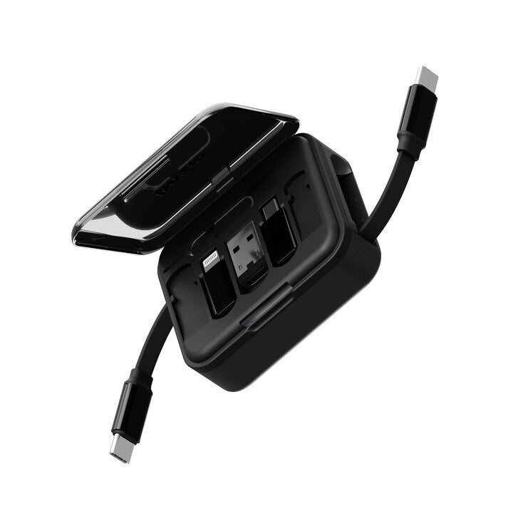 BAZIC GOCHARGE LOOP, 5 IN 1 CABLE KIT WITH SWAPPABLE USB A & LIGHTING ADAPTERS, 1M RETRACTABLE CABLE