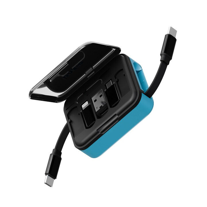 BAZIC GOCHARGE LOOP, 5 IN 1 CABLE KIT WITH SWAPPABLE USB A & LIGHTING ADAPTERS, 1M RETRACTABLE CABLE