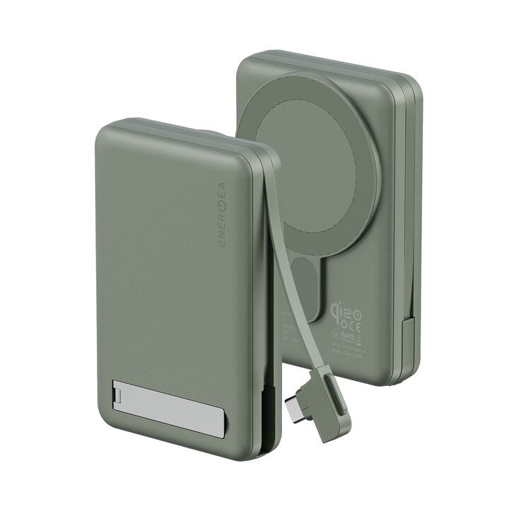 ENERGEA MAGPAC PRO PLUS, 10000MAH MAGSAFE COMPATIBLE QI2 POWER BANK WITH BUILT-IN CABLE AND STAND