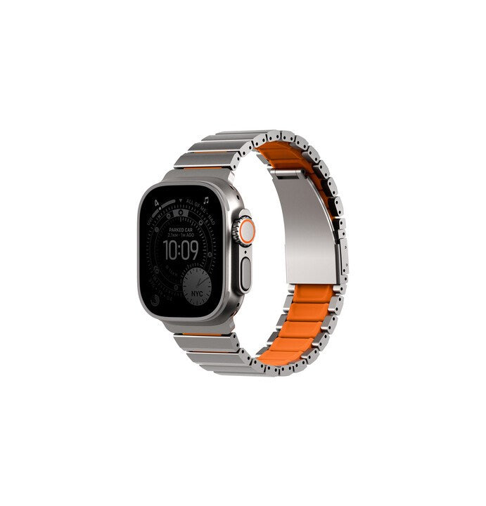 UNIQ STROVA FLEX APPLE WATCH SELF-ADJUSTABLE STEEL LINK BAND 49/46/45/44MM - TITANIUM SLIVER/VOLT ORANGE (TITANIUM SLIVER/VOLT ORANGE)