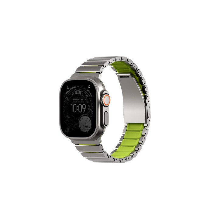 UNIQ STROVA FLEX APPLE WATCH SELF-ADJUSTABLE STEEL LINK BAND 49/46/45/44MM - TITANIUM SLIVER/LIME GREEN (TITANIUM SLIVER/LIME GREEN)