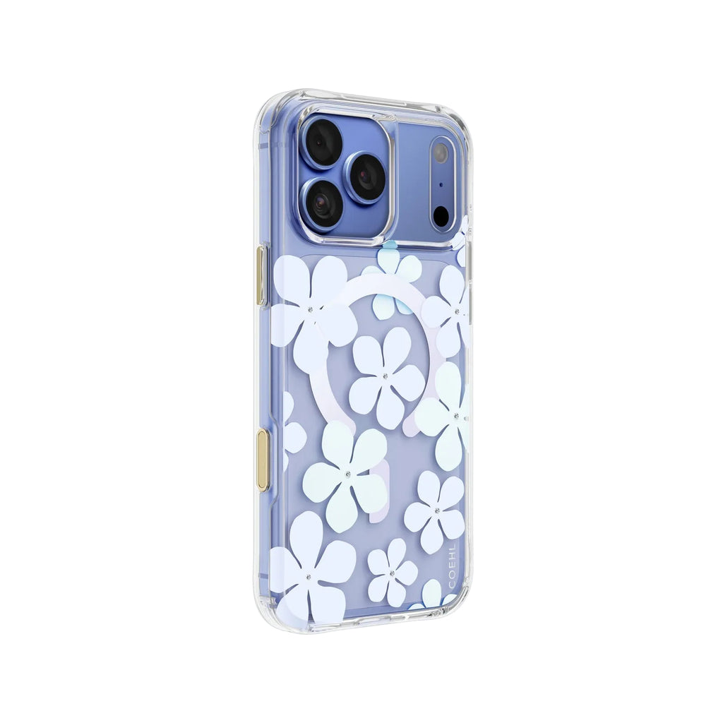 A clear protective phone case with a white floral pattern, shown on a light blue smartphone against a solid white background.