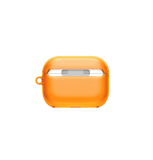 A translucent orange protective case for wireless earbuds, shown on a clean white background.