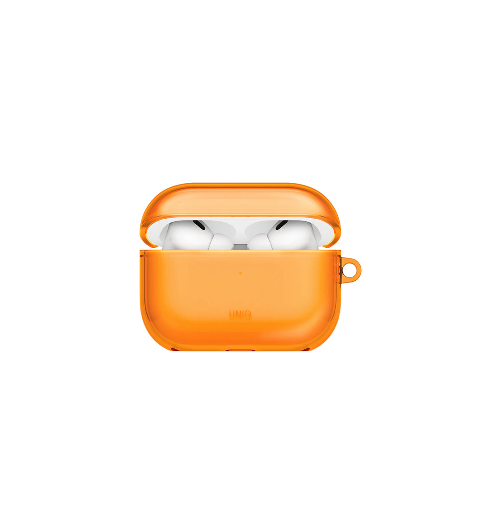 An orange protective silicone case for an Apple AirPods charging case, shown open with the white AirPods inside, on a solid white background.