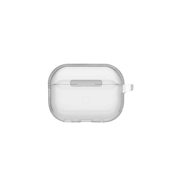 A clear, transparent protective case for an AirPods charging case, shown from a top-down view on a light gray background.