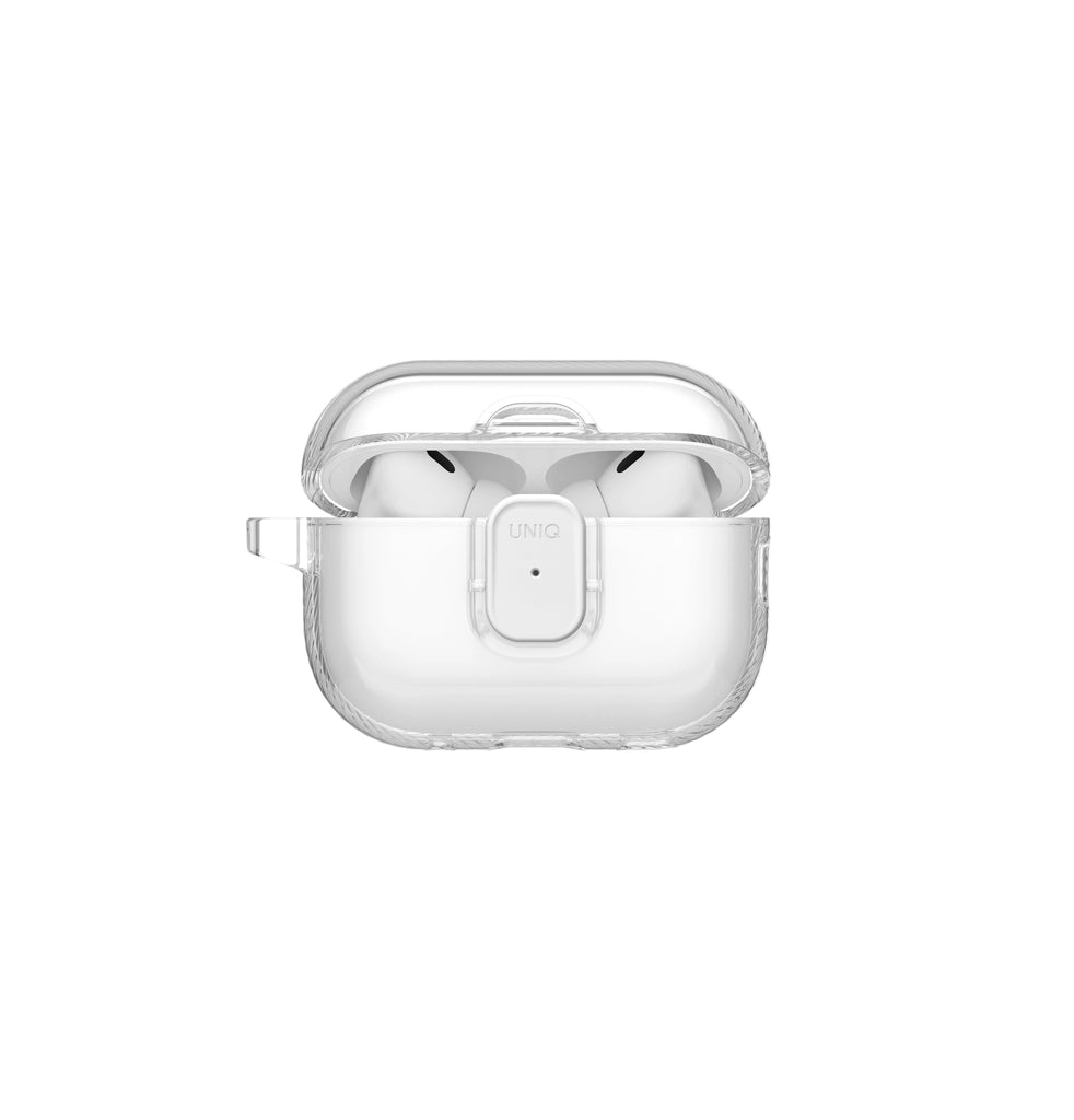 A clear protective case for an AirPods charging case, shown open with the white charging case inside on a light gray background.