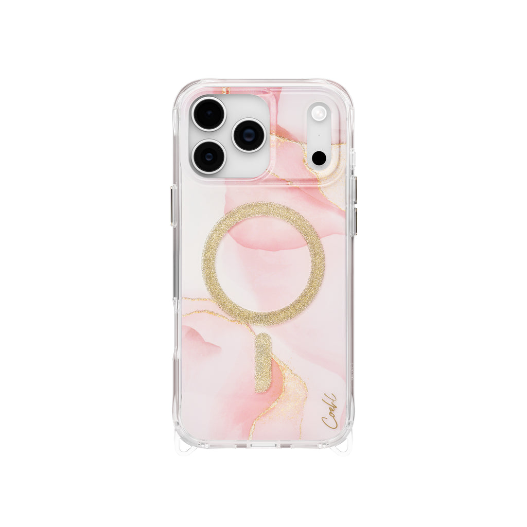 Phone case with pink and gold design on a white background