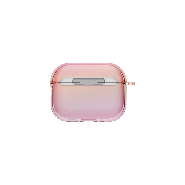 A translucent pink protective case for wireless earbuds, shown open with a white earbud inside, set against a solid light gray background.