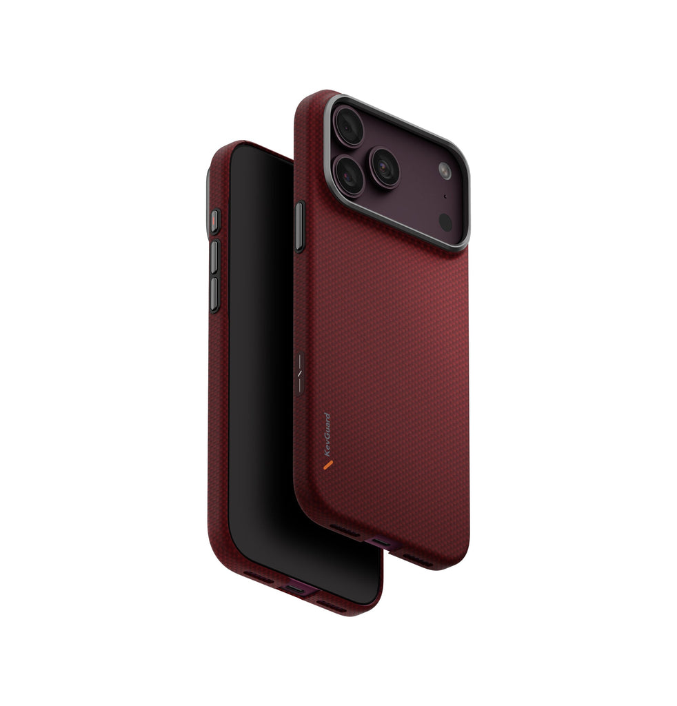Two views of a dark red textured phone case on a clean white background, showing the back cover with a raised camera cutout and the side profile.