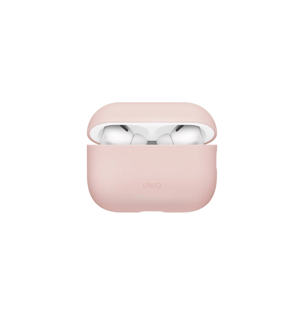 A light pink silicone protective case for wireless earbuds, shown open with the earbuds inside, on a clean white background. The brand name 'UNIQ' is subtly embossed on the front of the case.