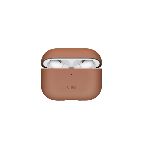 A matte brown silicone protective case for an AirPods charging case, shown open with the white AirPods inside, on a light gray background.