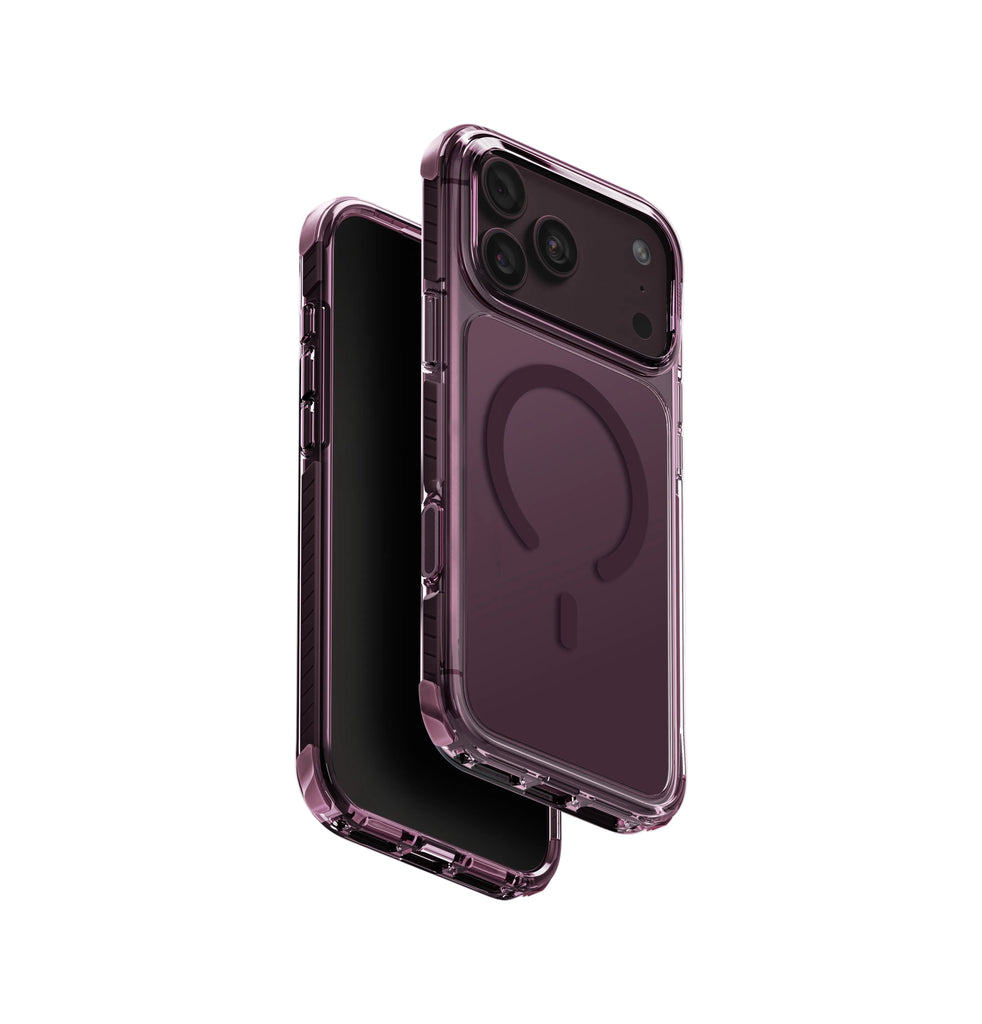 A translucent dark purple phone case shown from the back, with two angled views of the same case on a plain white background. The case has a MagSafe-compatible circular magnetic ring on the back and a raised camera cutout area.