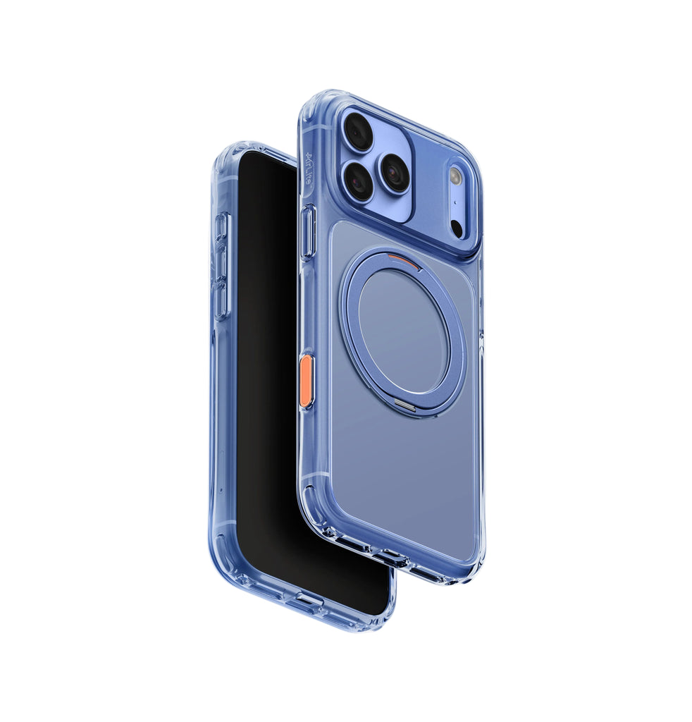 A clear blue protective phone case with a built-in circular MagSafe ring, shown from both the front and back angles on a light gray background.
