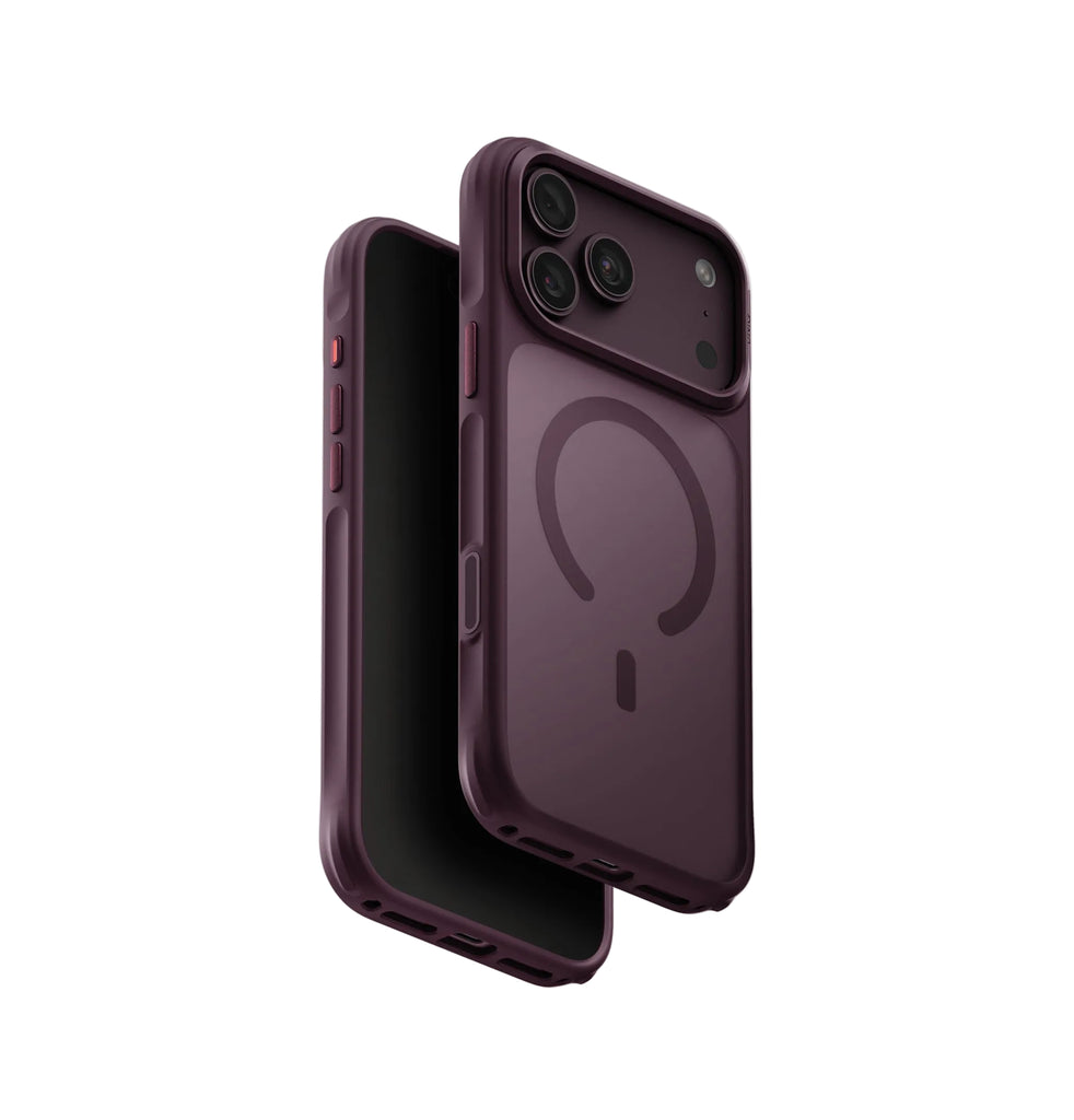 A dark plum purple protective phone case shown from two angles, one displaying the back with a MagSafe ring and camera cutout, and the other showing the side profile, on a solid white background.