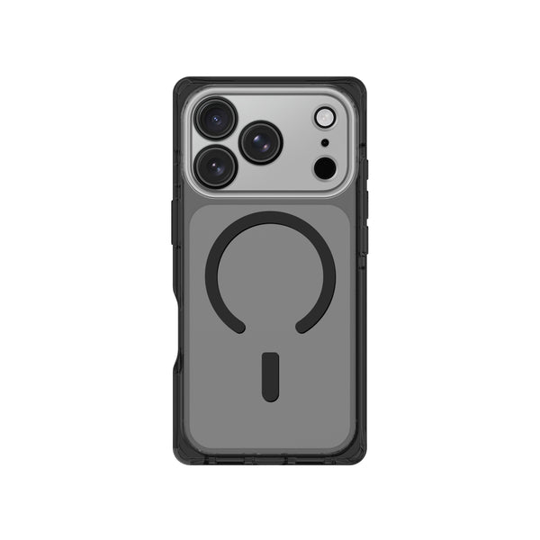 A gray MagSafe-compatible phone case with a black protective bumper frame, shown on a white background.