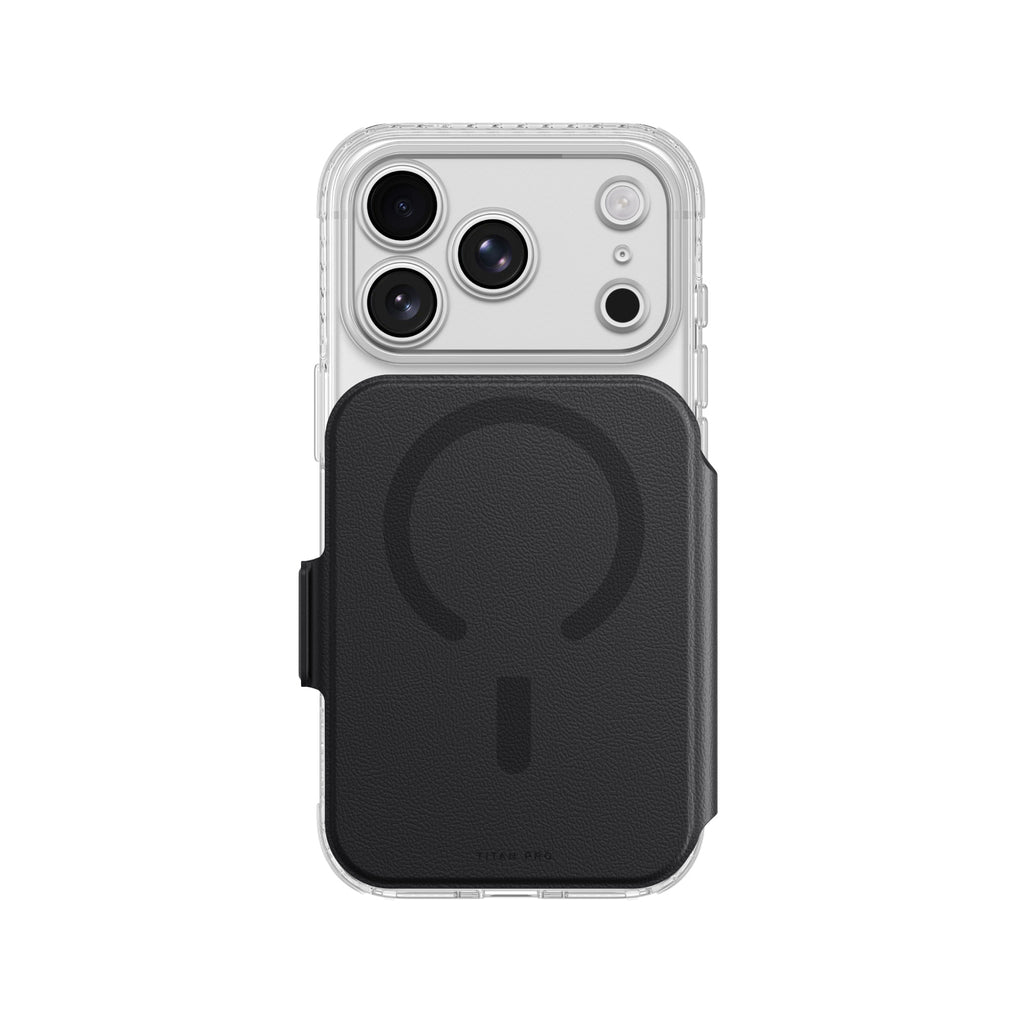 A clear protective phone case with a black MagSafe-compatible magnetic wallet strap, shown on a white background.