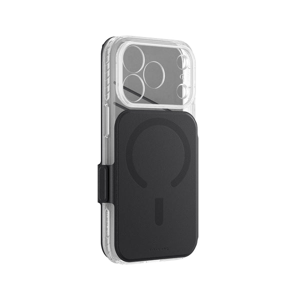 A clear protective phone case with a black MagSafe-compatible magnetic card holder, shown on a white background.
