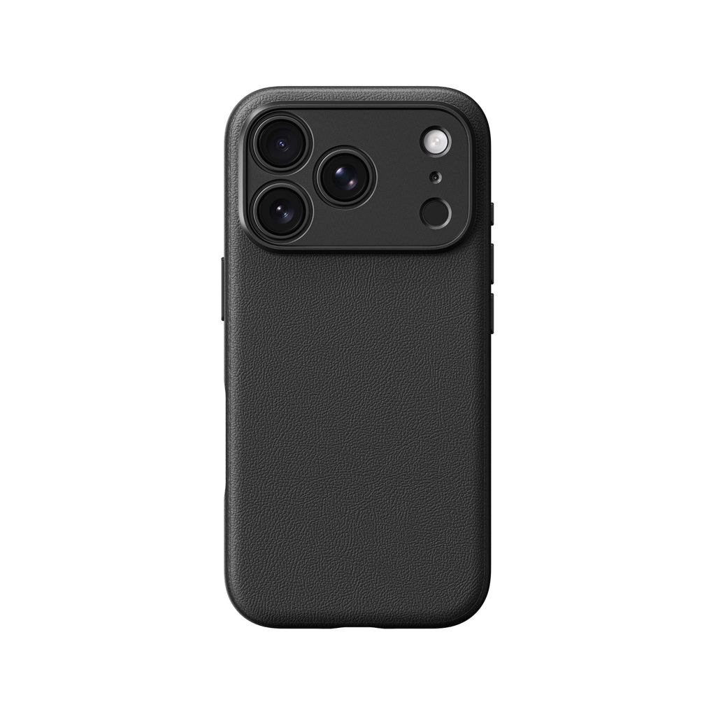 A black textured leather phone case with a raised camera bumper, shown on a plain white background.