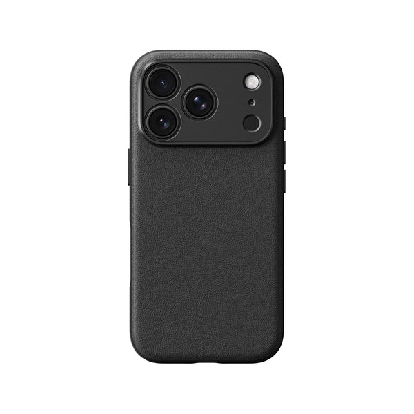 A black textured leather phone case with a raised camera bumper, shown on a plain white background.