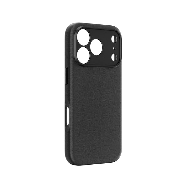 A black textured phone case with a raised camera bumper, shown from a three-quarters angle on a solid white background.