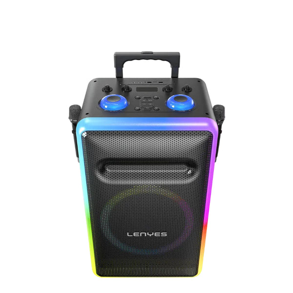 Lenyes portable karaoke speaker with a handle, featuring a black front grille and vibrant RGB rainbow LED lighting around the edges, shown on a white background with the brand logo.
