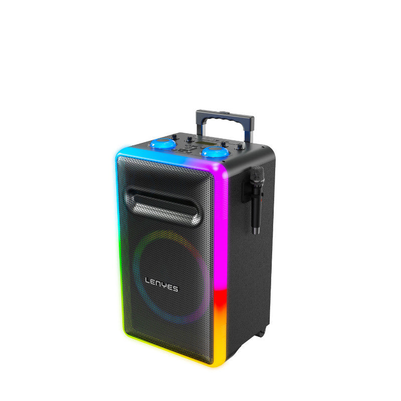 Lenyes Blast 1 portable speaker with a black body and vibrant RGB rainbow LED lighting, featuring a top handle, microphone, and carrying handle on a white background.
