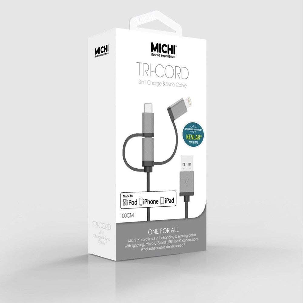 MICHI TRI-CORD 3 IN 1 CHARGE & SYNC CABLE 1M