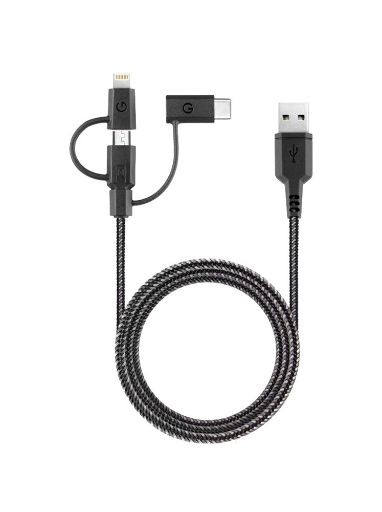 ENERGEA NYLOTOUGH 3-IN-1 MICROUSB + LIGHTNING MFI +USB-C  CHARGE & SYNC CABLE 1.5M