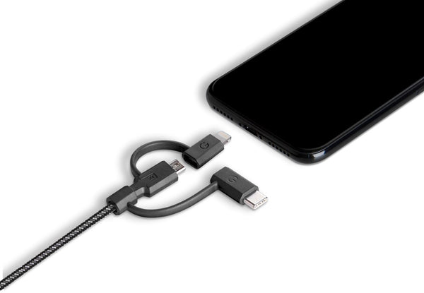 ENERGEA NYLOTOUGH 3-IN-1 MICROUSB + LIGHTNING MFI +USB-C  CHARGE & SYNC CABLE 1.5M
