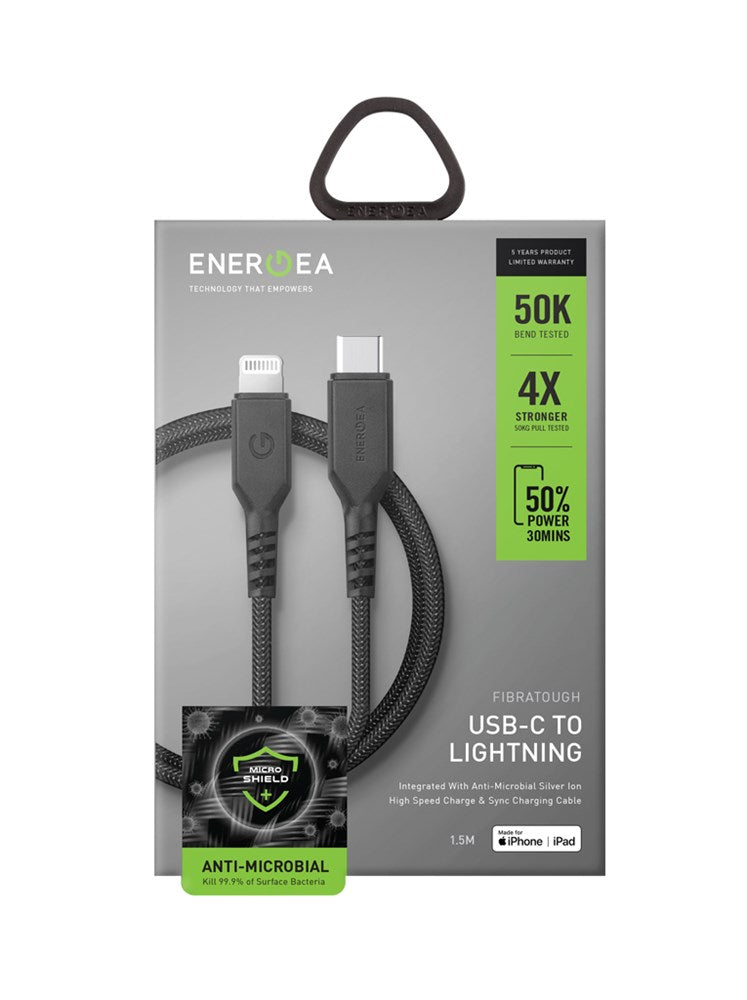 ENERGEA FIBRATOUGH ANTI-MICROBIAL USB-C TO MFI LIGHTNING 1.5M CABLE